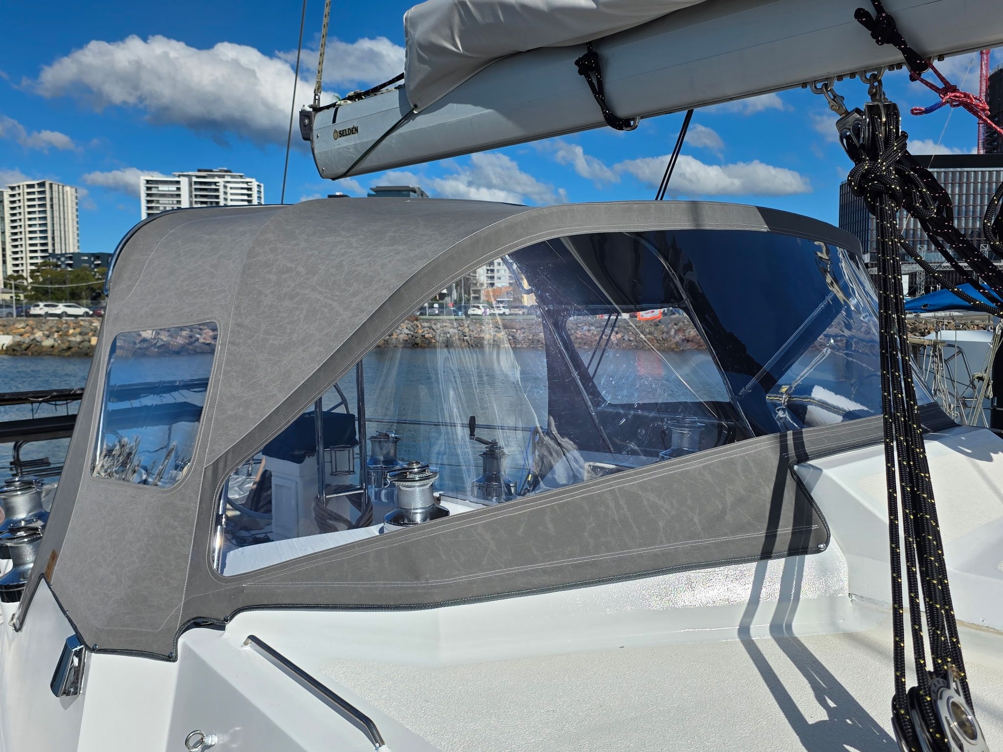 Extended 3-Bow Dodger in Charcoal Sunbrella — photo