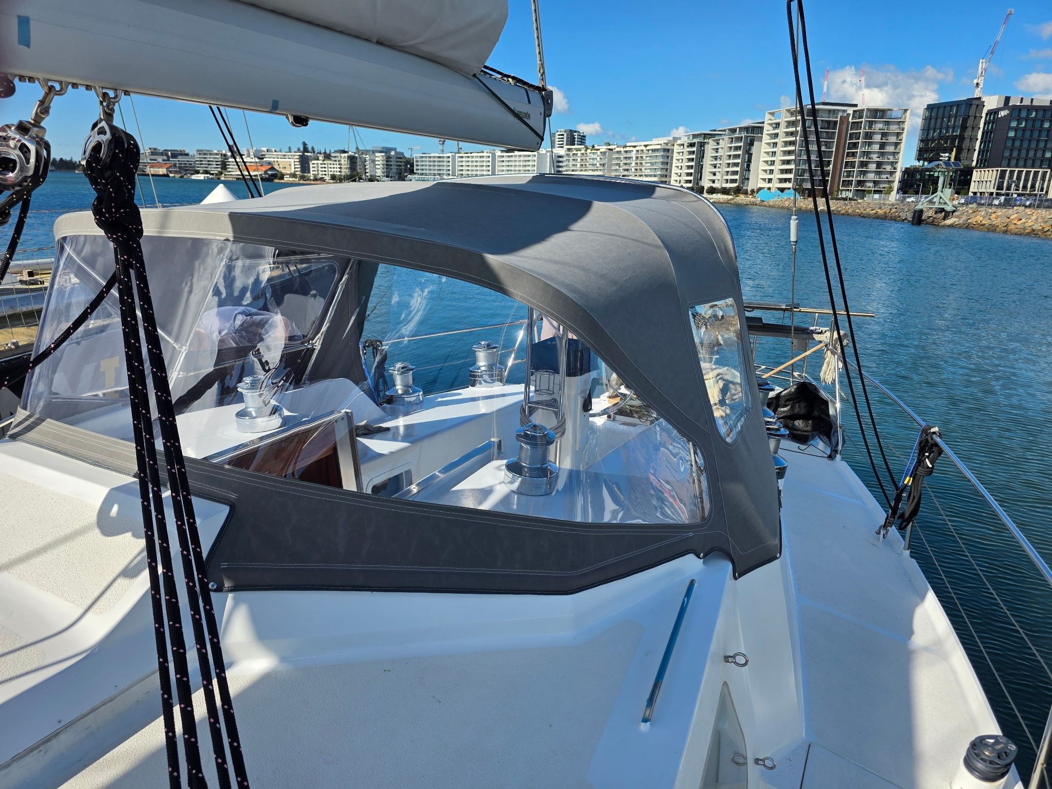 Extended 3-Bow Dodger in Charcoal Sunbrella — photo