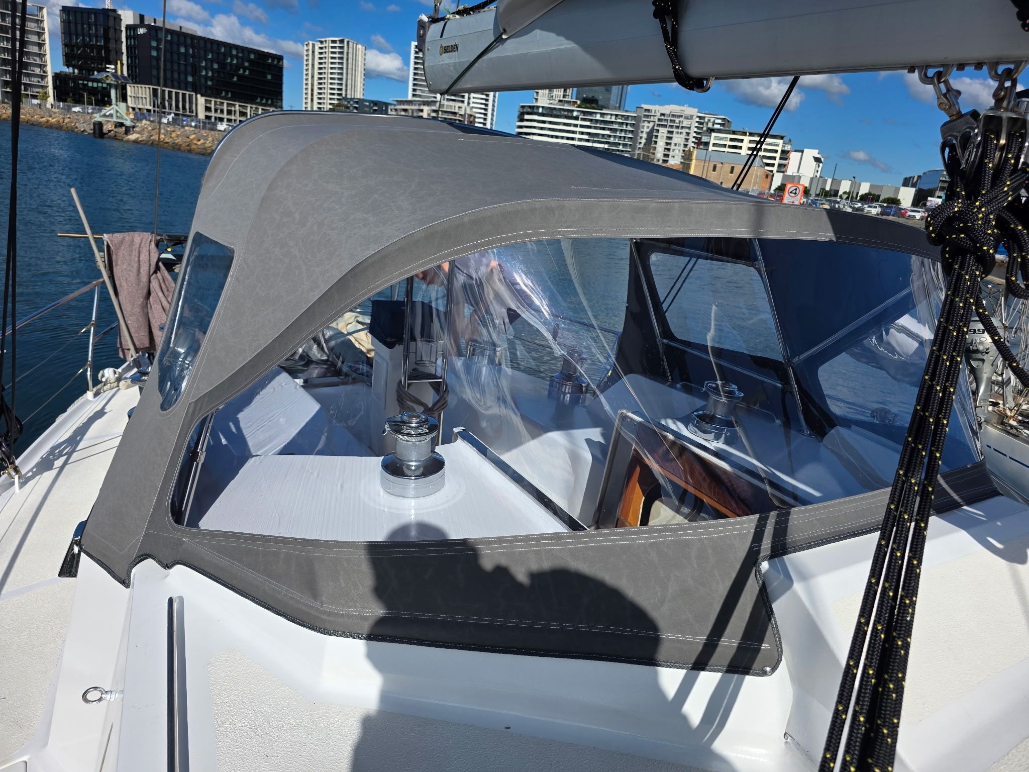Extended 3-Bow Dodger in Charcoal Sunbrella — photo